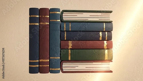 A stack of old books, some standing upright and some lying flat, on a light background.