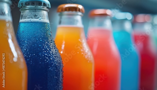Various colored soda bottles stand. Drinks include blue orange red. Cold refreshments include condensation. Soft drink market. Glass bottles with sugary water. Variety of vibrant fizzy juice
