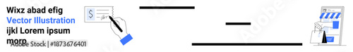 Electronic signature, e-commerce, online transactions, digital workflow, virtual shopping, document management. Hand signing a digital form and a storefront graphic. Electronic signature