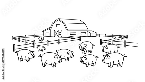 Cartoon farm with pigs and barn, black and white outline illustration