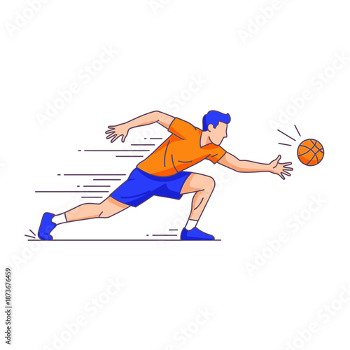 Man playing basketball, reaching for ball in dynamic pose, line art illustration