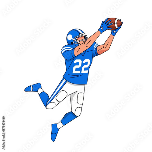American Football Player in Blue Uniform Catching Ball in Mid-Air