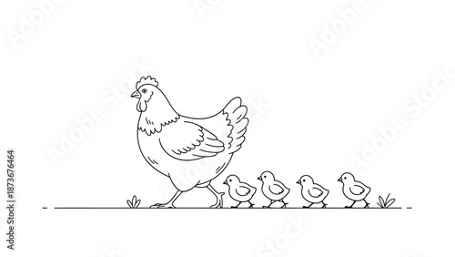 Chicken and Chicks Line Art Illustration