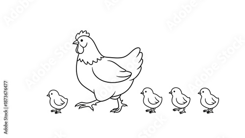 Chicken and Chicks Line Drawing Outline
