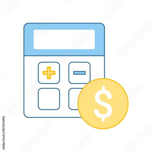 Blue calculator with a gold dollar coin, symbolizing accounting, tax calculation, and budgeting