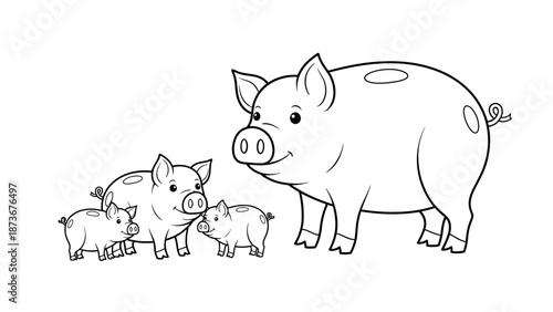 Cute Cartoon Pig Family Illustration, Mother and Piglets, Black and White Outline