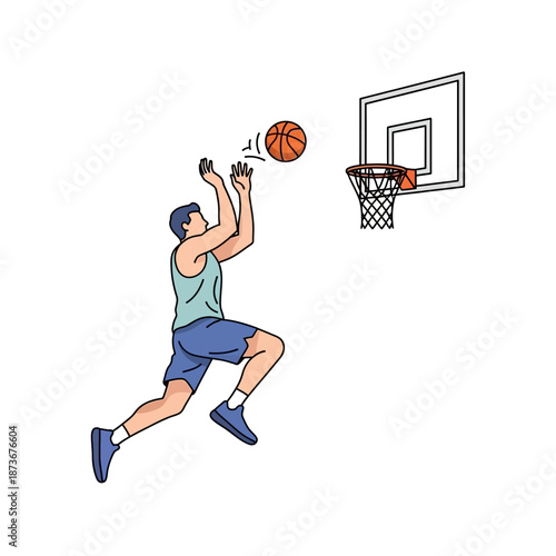 Young man jumping and shooting a basketball into the hoop, sports illustration
