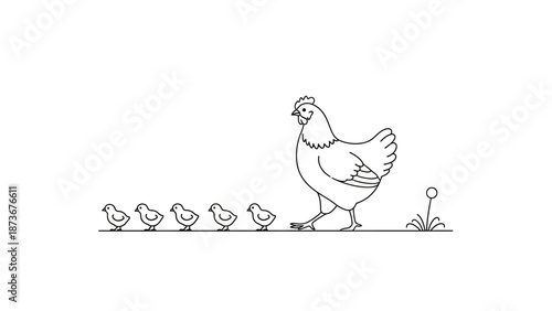 Line Art Chicken Mother with Chicks Walking in a Row