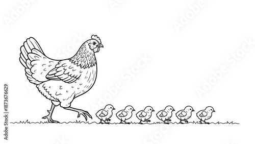 Line Art Hen With Chicks Walking In A Row