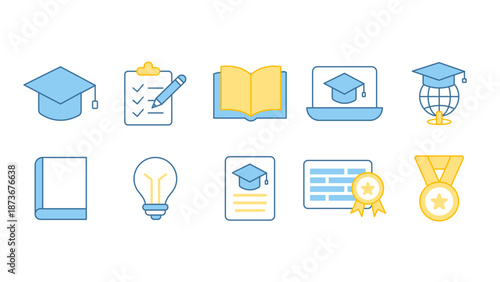 Collection of modern line icons related to education, learning, teaching, school, university, and online courses