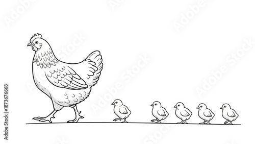 Mother hen and chicks walking in a line