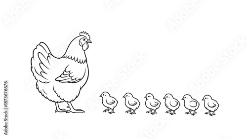 Mother Hen and Chicks Line Drawing - Black and White Farm Animal Family