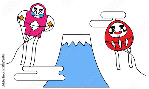 凧揚げをするだるまとキャラクター、富士山のある正月向けポップイラスト