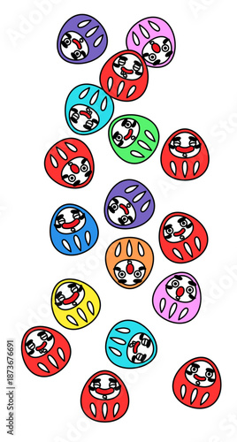 カラフルな表情のだるまが並ぶ、かわいい縁起物キャラクターイラスト