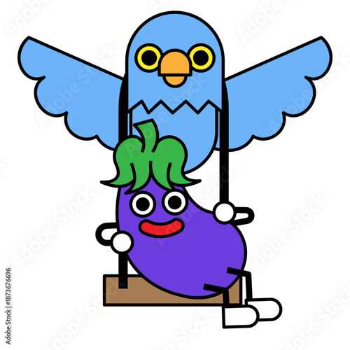 青い鳥とナスのキャラクターを描いた、かわいくてユーモラスなイラスト