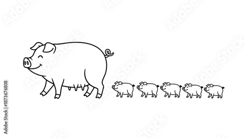 Mother pig with piglets, cartoon illustration, farm animals, black and white