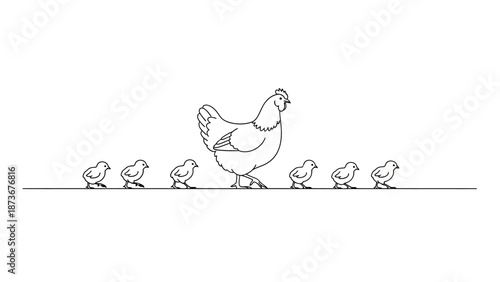 Simple Line Art of Hen Leading Chicks in a Row