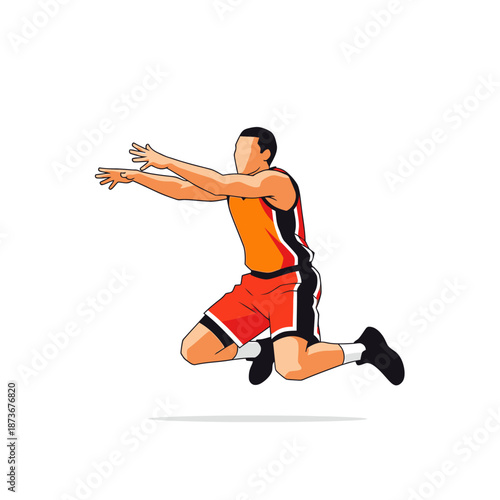 Basketball player jumping, reaching for ball, dynamic action, sport illustration