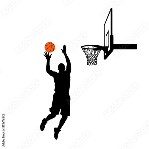 Basketball Player Silhouette Dunking Shot Over White Background