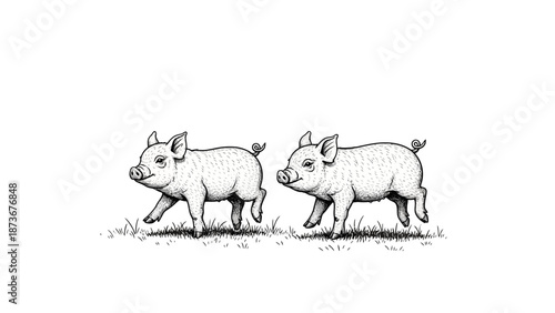 Two Cute Piglets Walking in Grass, Black and White Illustration