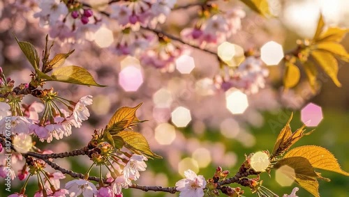Cherry Blossom Tree in Spring with Bokeh Lights.