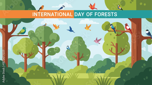 Celebrating the International Day of Forests with vibrant trees and diverse wildlife in a lush forest landscape