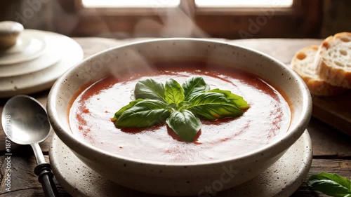 Tomato soup in a ceramic bowl with basil on a rustic table by a window with bread on the side