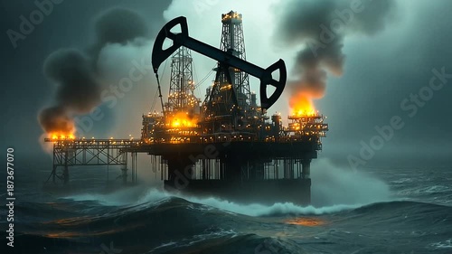 Oil Rig Platform Burning in Stormy Seas Dramatic Industrial Scene.