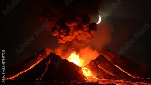 Volcanic eruption at night with a crescent moon in the background, lava flowing down slopes