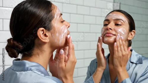 Woman applying facial cream in bathroom, reflected in mirror, skincare routine