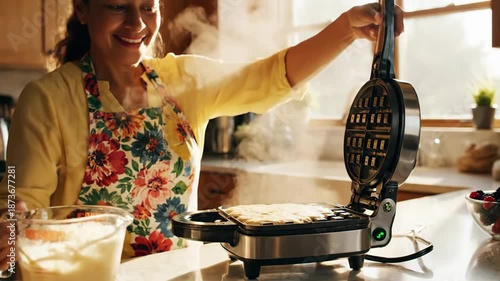 Woman pouring batter for waffle on electric waffle maker in kitchen with fruit and natural light