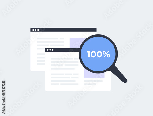 Duplicate content detection SEO optimization as sites fix copied website pages using canonical tags. Duplicate content audit and clean structure for better ranking, traffic growth vector illustration