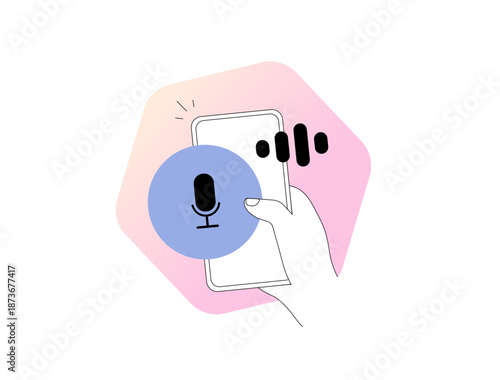 Voice message via mobile chat uses audio microphone on phone app to send and record quick replies. Voice assistant digital communication for users and brands with simple interface vector illustration