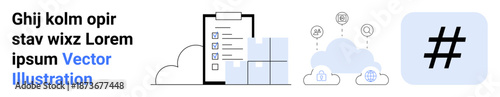Interface checklist with cloud storage icons, data connections, and large metadata tag. Ideal for productivity, technology, cloud computing, organization, teamwork, digital marketing simple landing