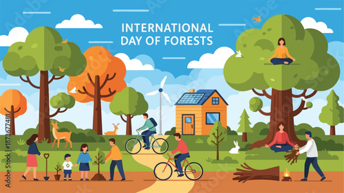 People enjoying a serene forest environment on a sunny day with various activities and lush greenery