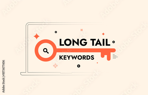 Long tail keywords boost seo traffic for niche website search queries. Long tail keywords with smart content strategy and data analysis for online digital marketing growth success vector illustration