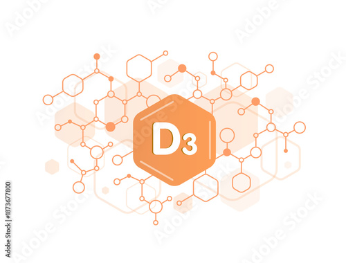 Vitamin D3 supplement benefits highlighting immune support, bone strength and nutrient absorption with D3 crystalline lattice and molecule structure in clean health science style vector illustration