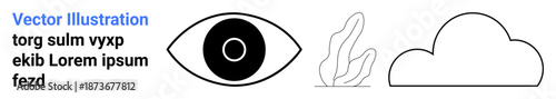 Vision, nature, environment, minimalism, abstraction, creativity. A stylized eye, a plant and a cloud in basic outlines and black and white. Vision and nature concepts are clearly illustrated