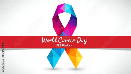 World cancer day awareness ribbon illustration with colorful geometric design for global health education medical campaign prevention support and healthcare communication