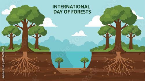 Celebrating International Day of Forests with Trees and Roots Surrounding a Serene Lake on a Sunny Day