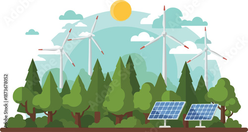 Sustainable Energy Landscape with Wind Turbines and Solar Panels in a Forest