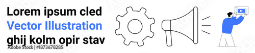 Gear, megaphone emitting sound, and person holding device communicating visually. Ideal for marketing, communication, teamwork, business strategy, advertising, digital tools and simple landing page