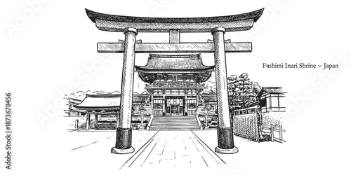 Fushimi Inari Taisha shrine torii gates in Kyoto illustrated in a vintage black and white engraving style.