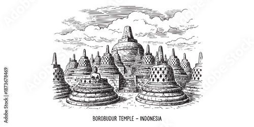 Borobudur Buddhist temple stupas in Indonesia illustrated in a vintage black and white engraving style.