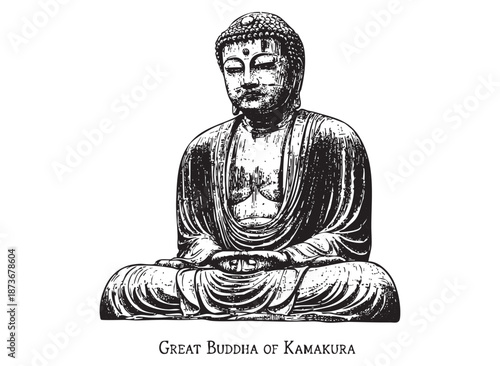 Great Buddha of Kamakura bronze statue in Japan illustrated in a vintage black and white engraving style.