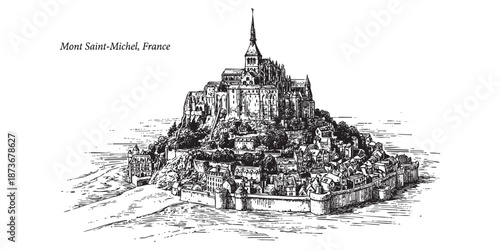Mont Saint-Michel island commune and abbey in France illustrated in a vintage black and white engraving style.