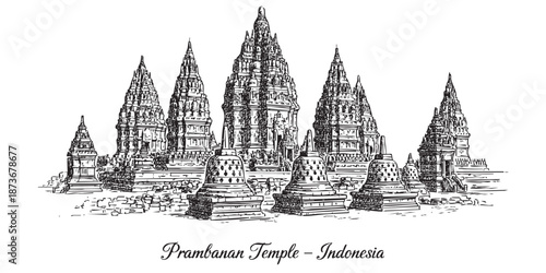 Prambanan Hindu temple compound in Indonesia illustrated in a vintage black and white engraving style.