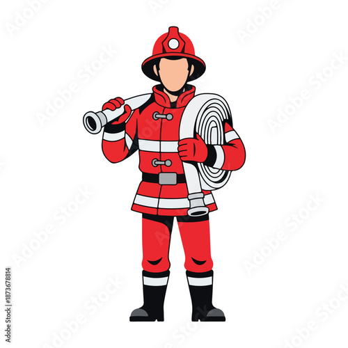 Full Body Illustration of a Professional Firefighter in Protective Red Uniform