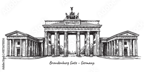 Brandenburg Gate neoclassical monument in Berlin illustrated in a vintage black and white engraving style.