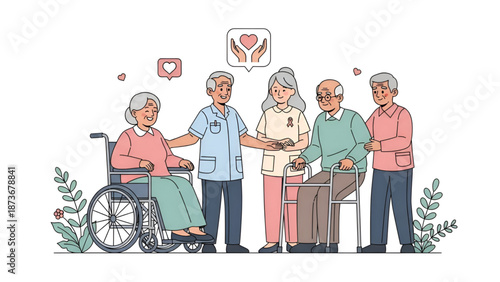 Senior care support illustration showing elderly people with caregivers community assistance healthcare compassion and family help for medical and social wellbeing